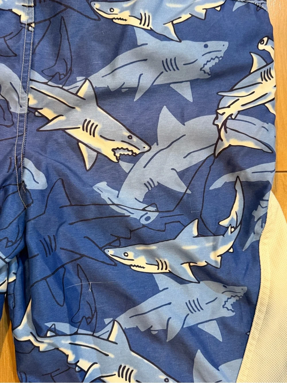 Vintage Wild Planet Men's Blue Shark-Print Swim Trunks with White Side Panels